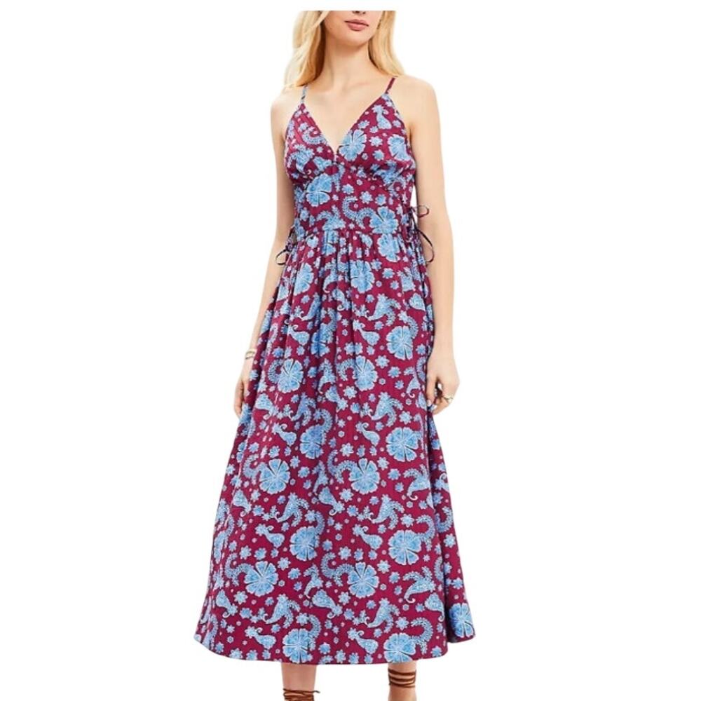 Loft Floral Side Tie Midi Pocket Dress 14P NEW Tiered Stretch Bodice Red Blue - Picture 1 of 10